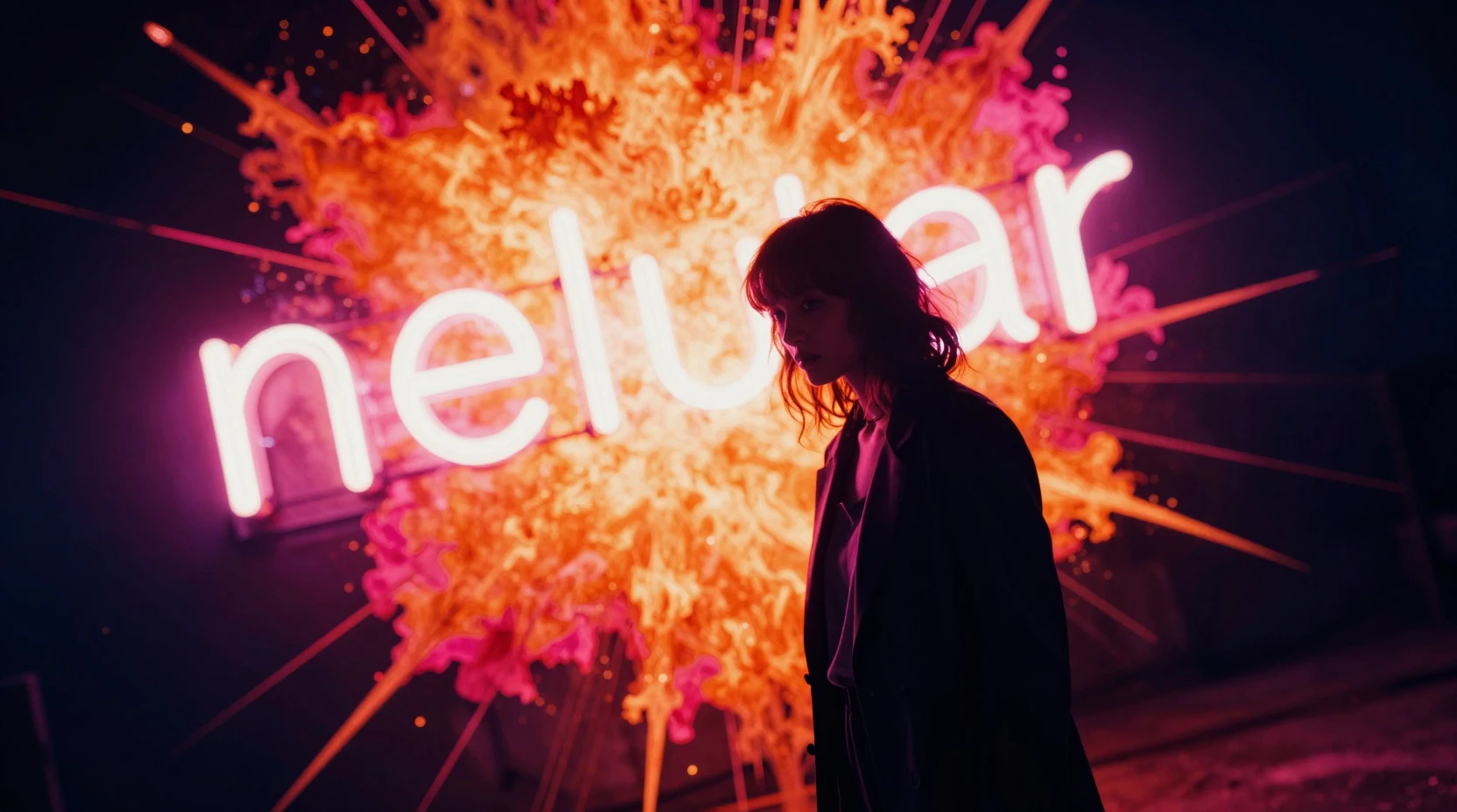 Donna davanti a una luce al neon accecante in un drammatico angolo olandese