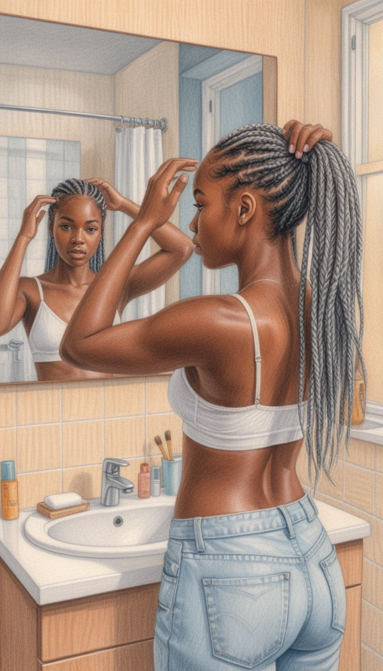 Jeune femme ajustant ses tresses devant le miroir de la salle de bain