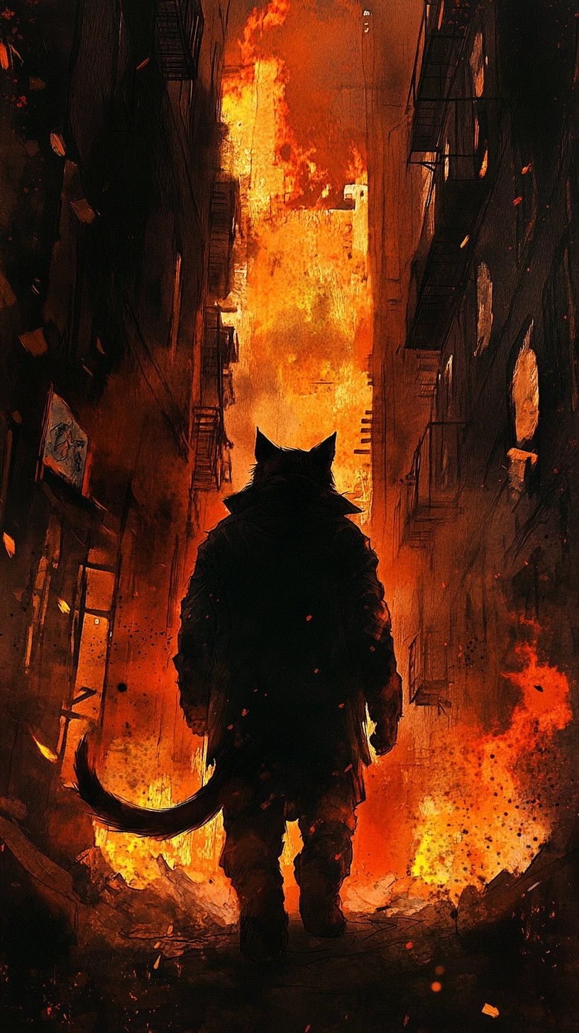 Silhouette di gatto antropomorfo che cammina verso l’inferno di una città in fiamme