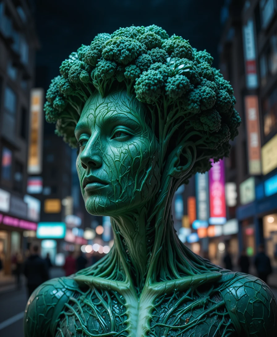Uomo surreale con testa di broccoli in una città illuminata al neon