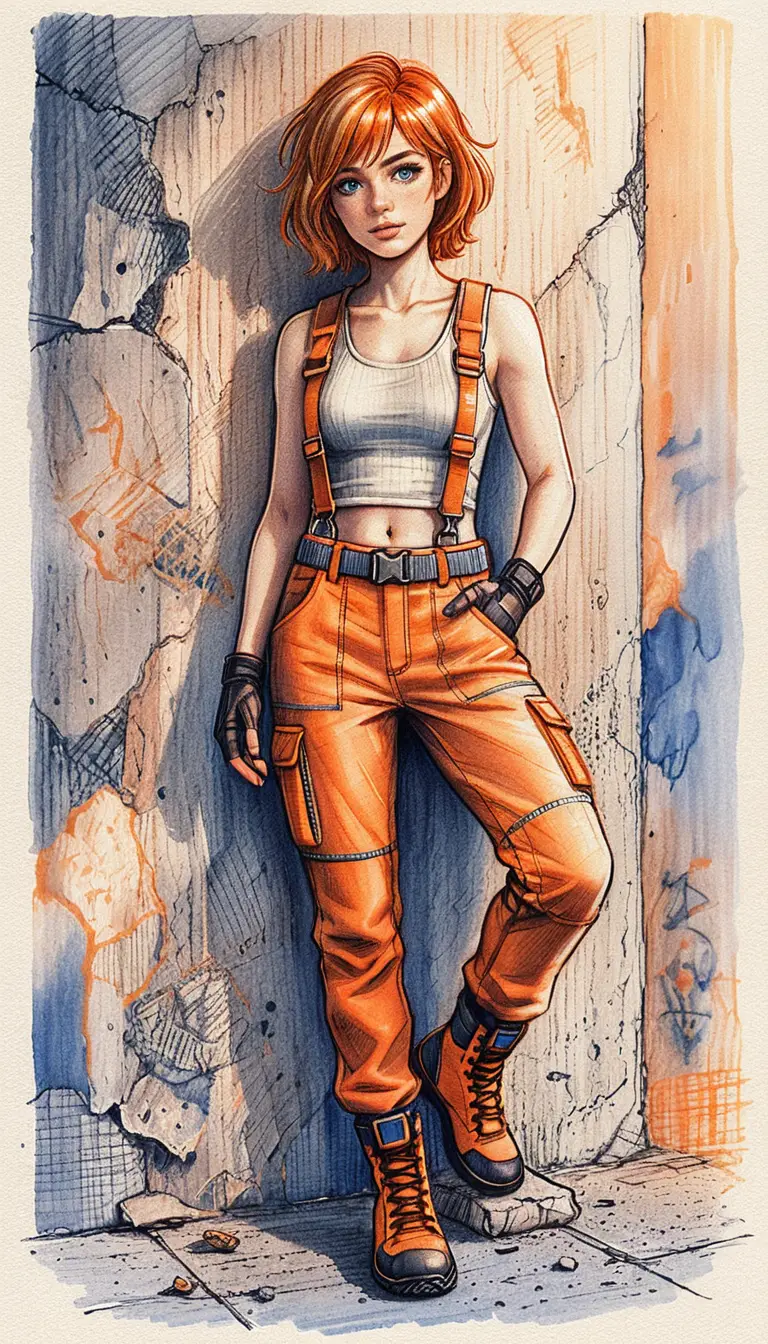 Young woman in tactical outfit against concrete wall