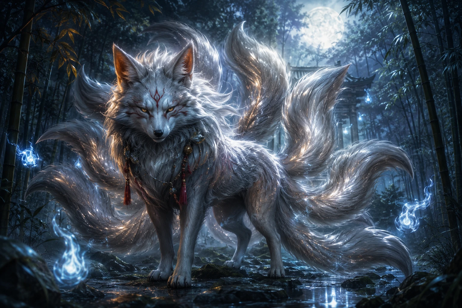 Renard mystique à neuf queues dans une forêt de bambous au clair de lune