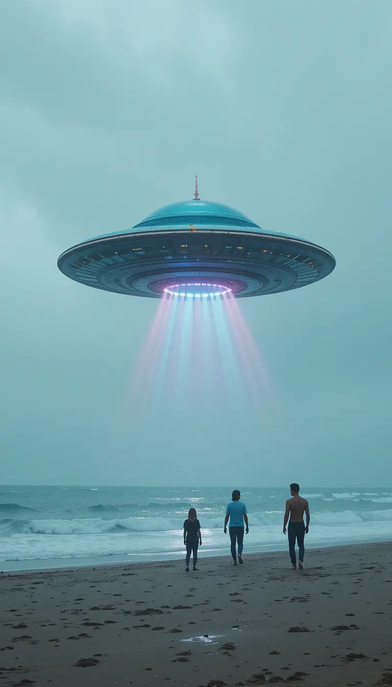 Colorful ufo hovering over a busy beach with people watching