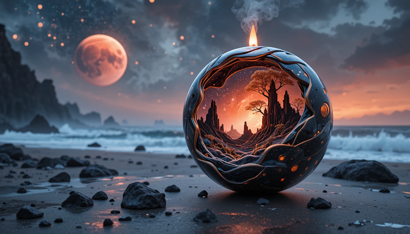 질감 있는 돌 표면 위에서 빛나는 초현실적인 은하 양초