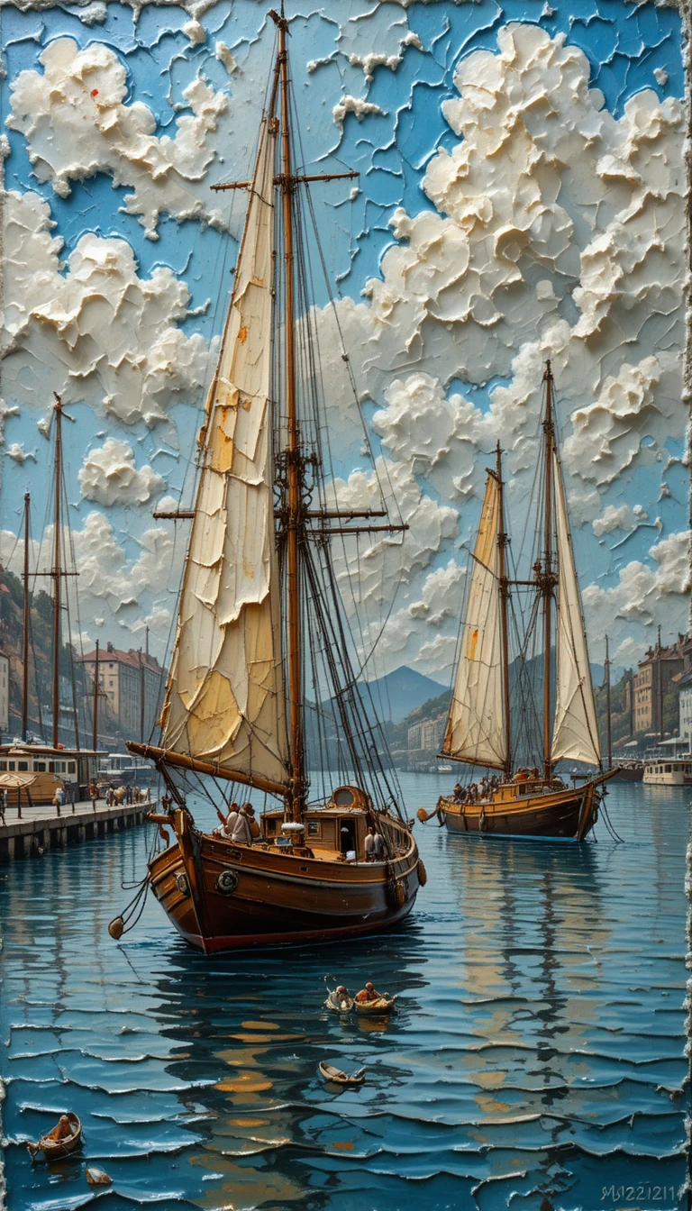 Pintura de porto em impasto com veleiros vintage em águas calmas