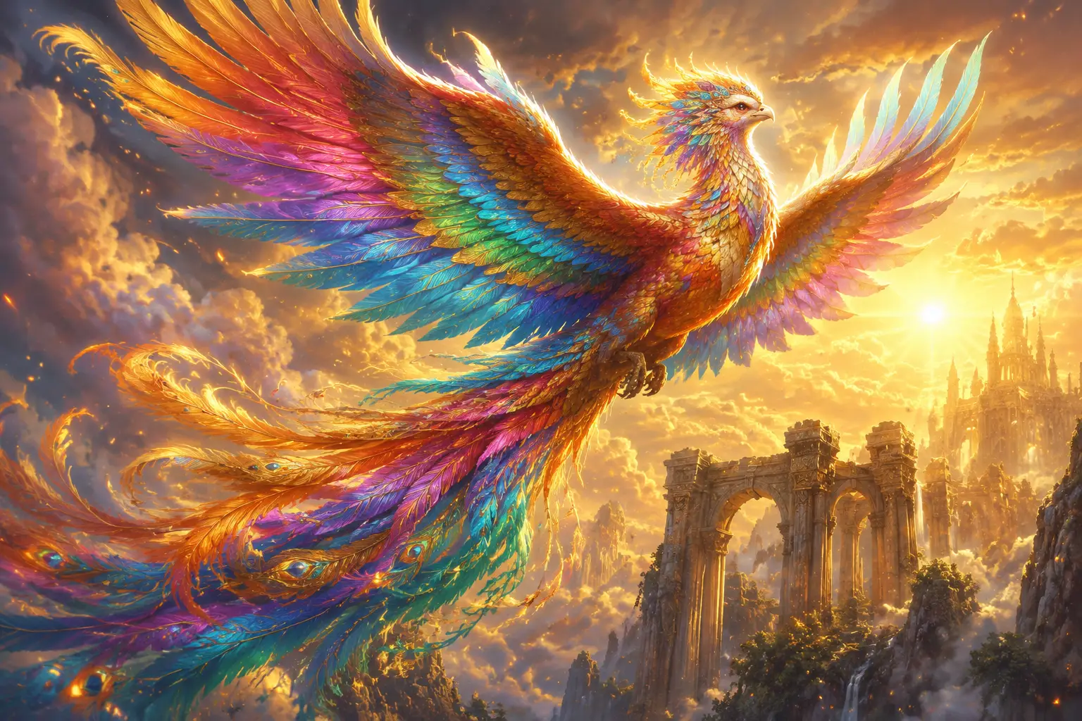 Maestoso simurgh arcobaleno che sorvola antiche rovine luminose