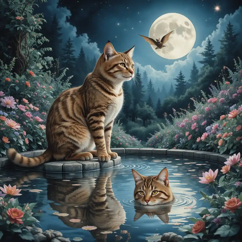 Gatto tigrato accanto a uno stagno da giardino al chiaro di luna estivo