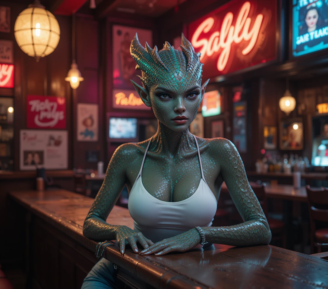 Mulher-dragão encostada no balcão de um pub vintage iluminado por néon
