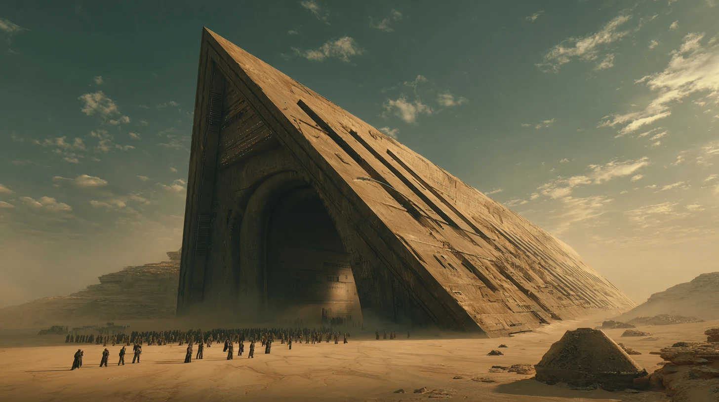 Hangar sci-fi gigantesco com estruturas escuras imponentes