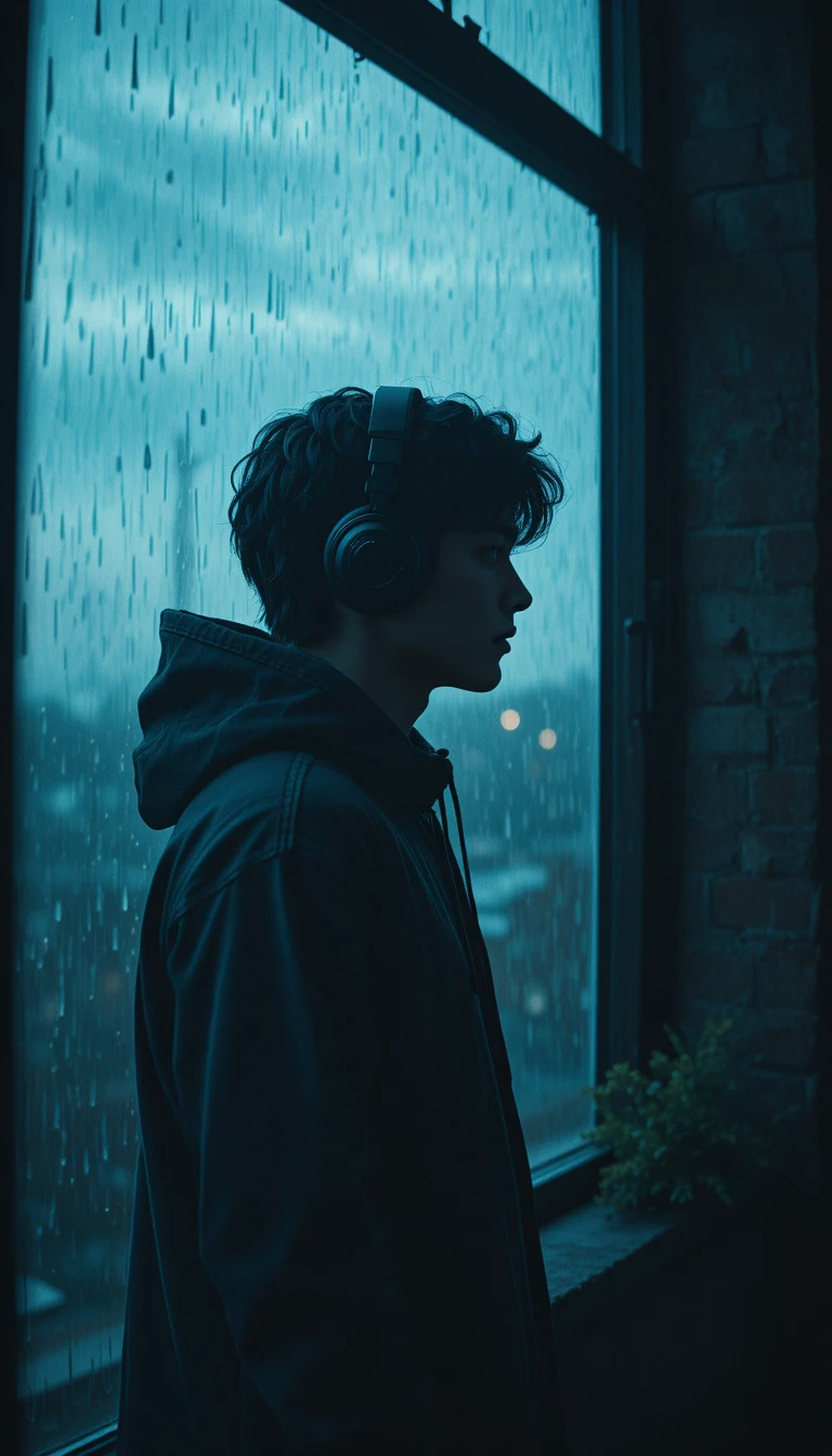 Junger Mann im Hoodie am regennassen Fenster in der Dämmerung