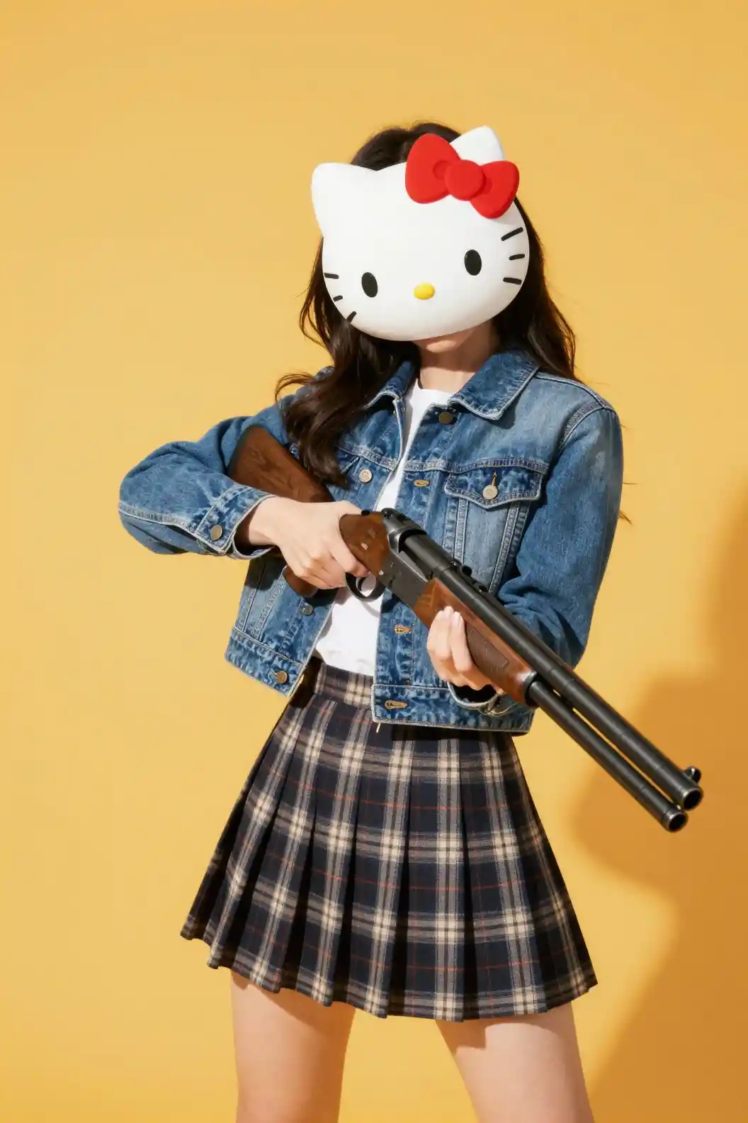 Woman in hello kitty mask aiming shotgun in low angle