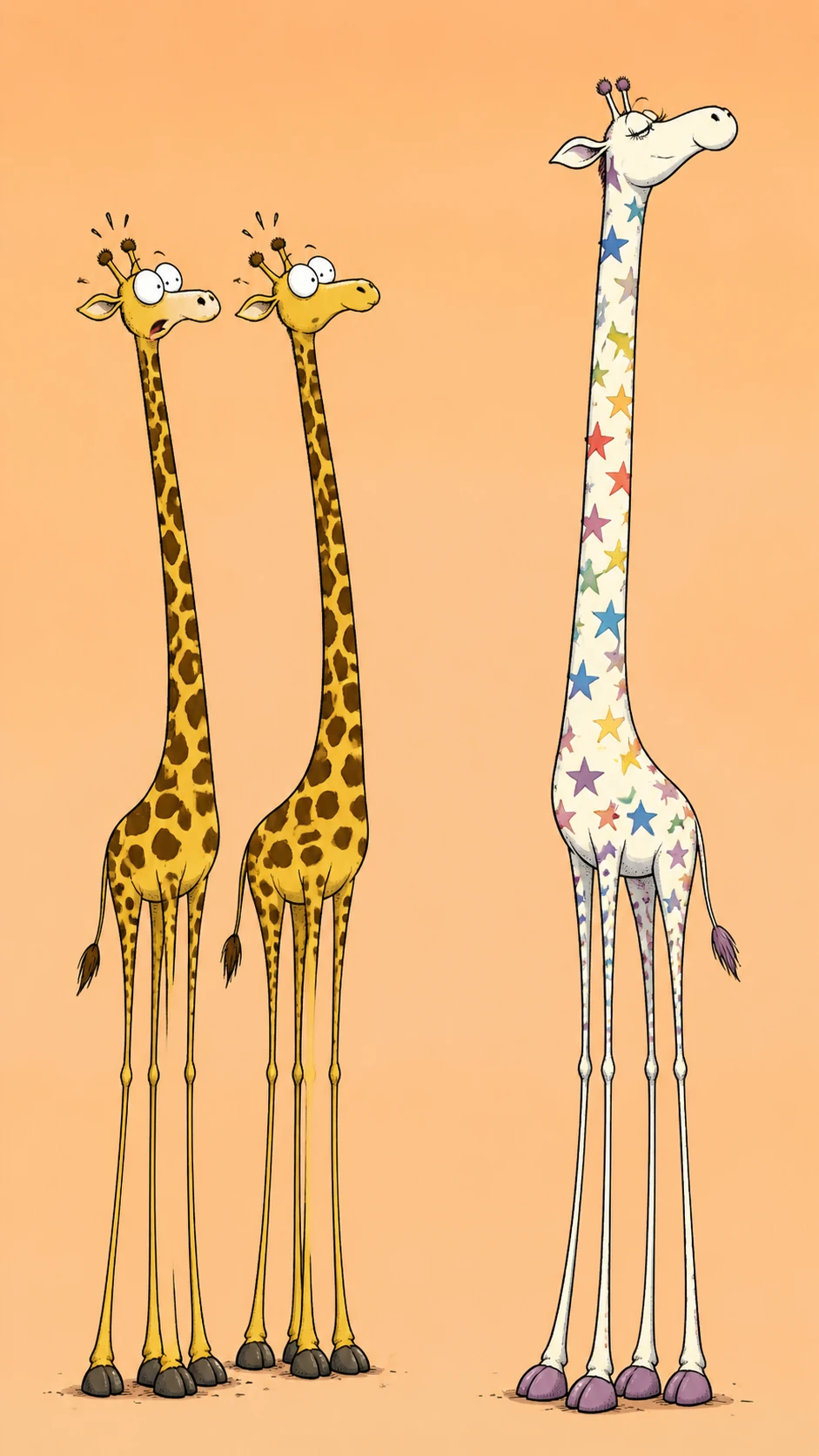 Tre giraffe cartoon con divertenti colli lunghissimi esagerati