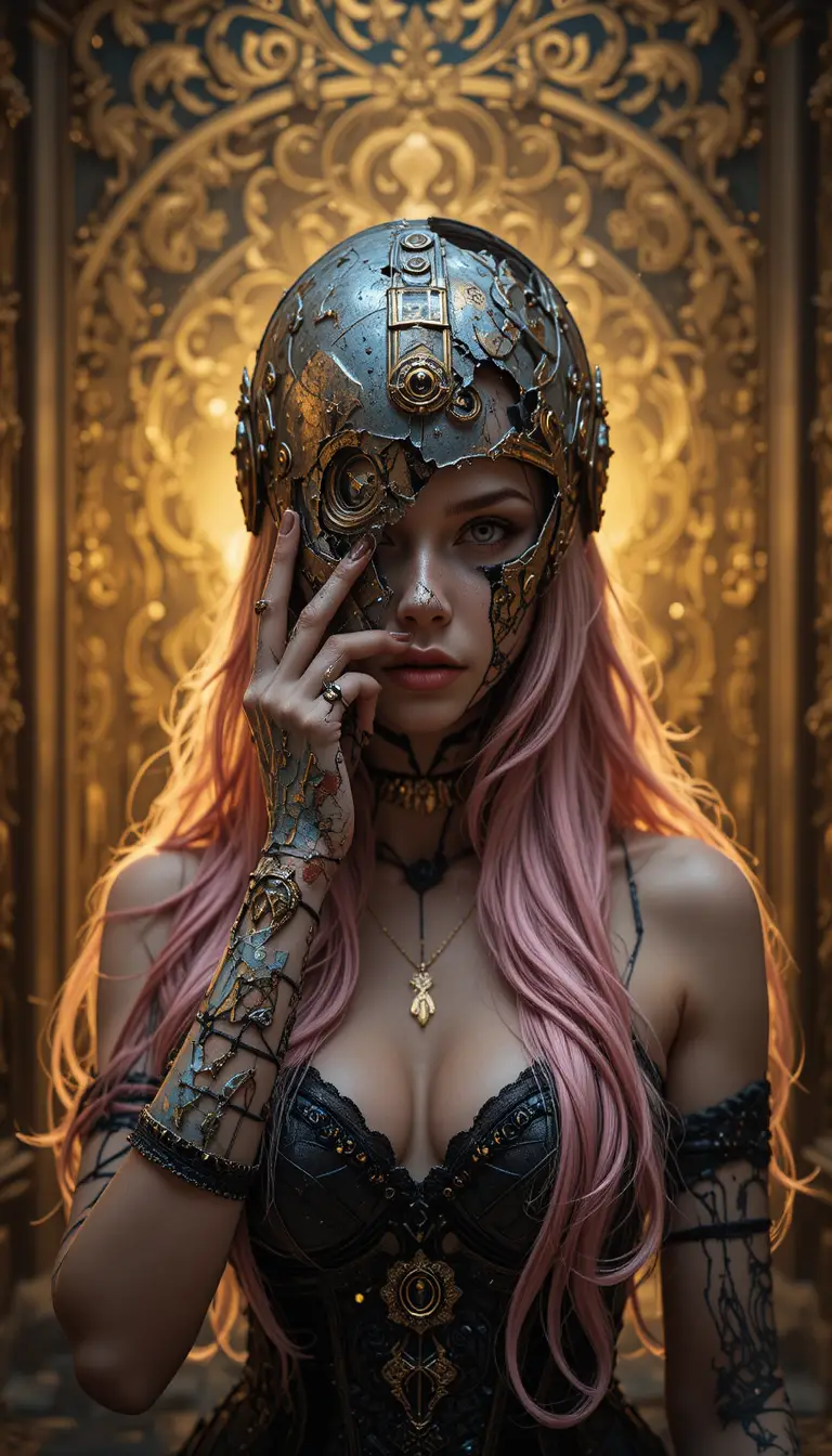 Cinematic woman with shattered helmet in golden ornamental light