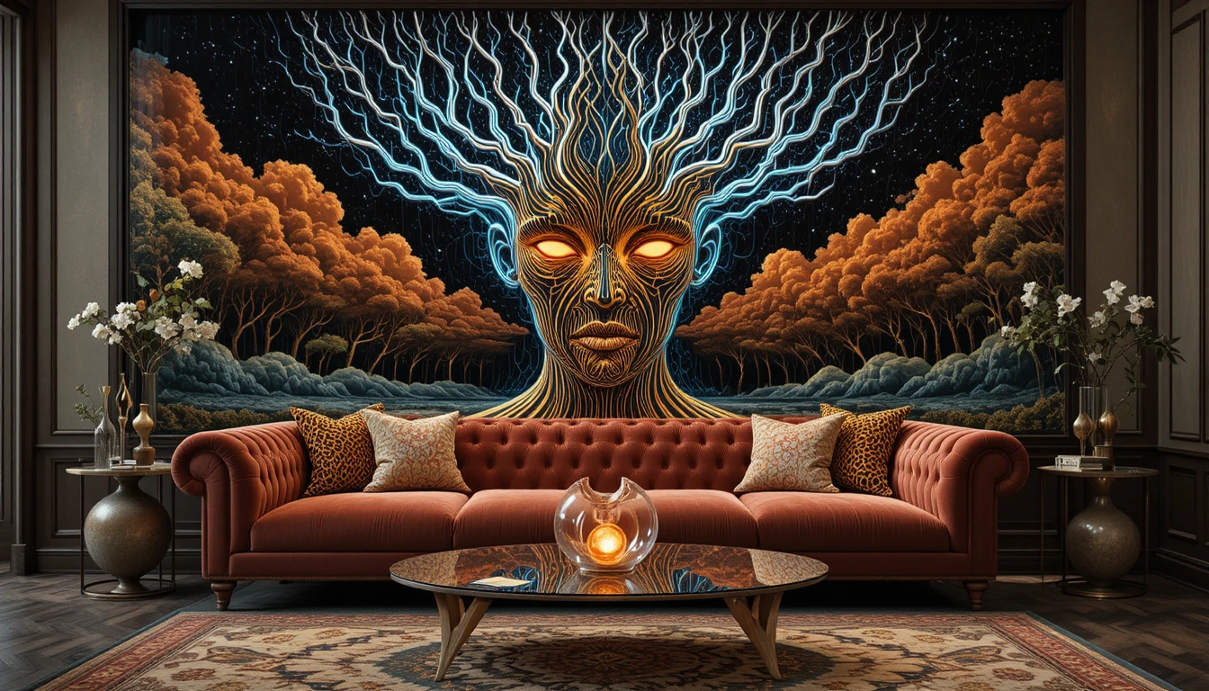 Sofá barroco de veludo diante de pintura cósmica surreal em espirais