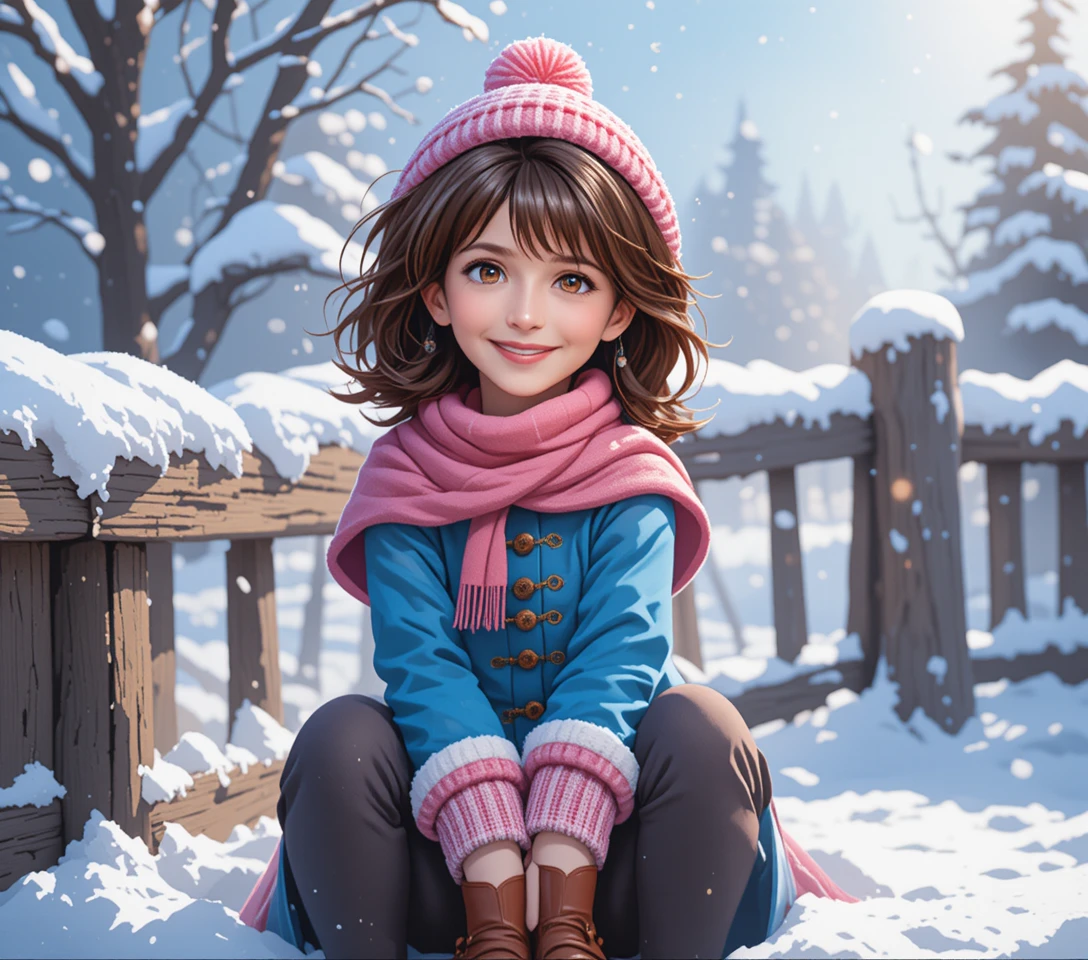 Fille d’anime souriante dans un paysage hivernal ensoleillé