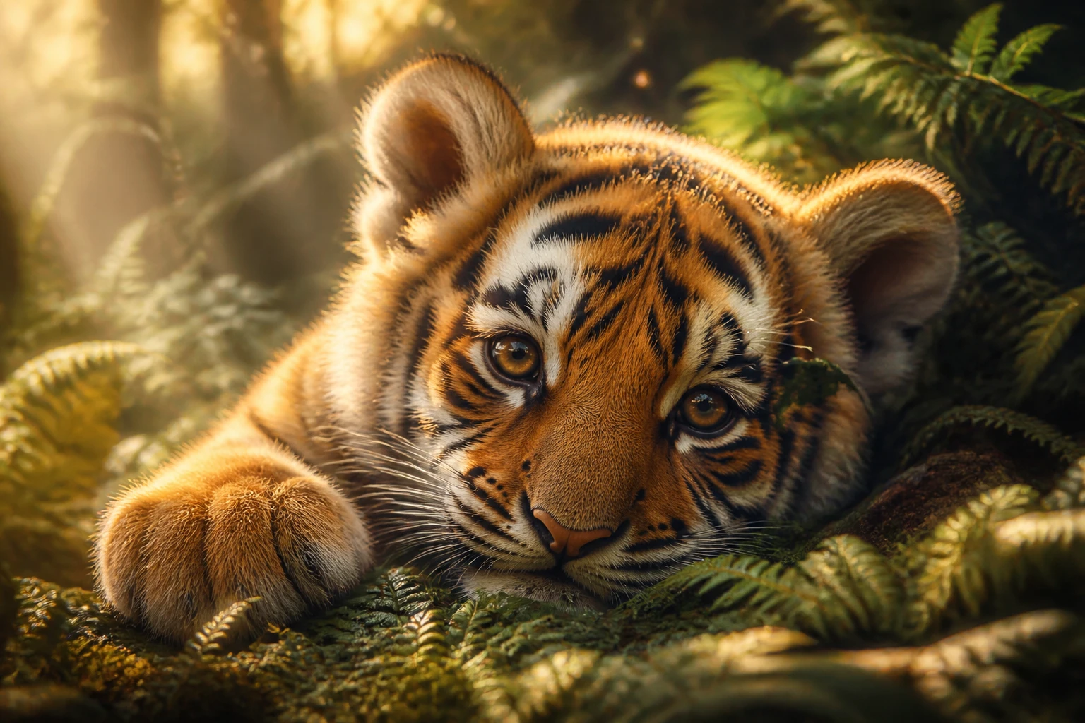 Filhote de tigre descansando sobre samambaias na luz suave da selva