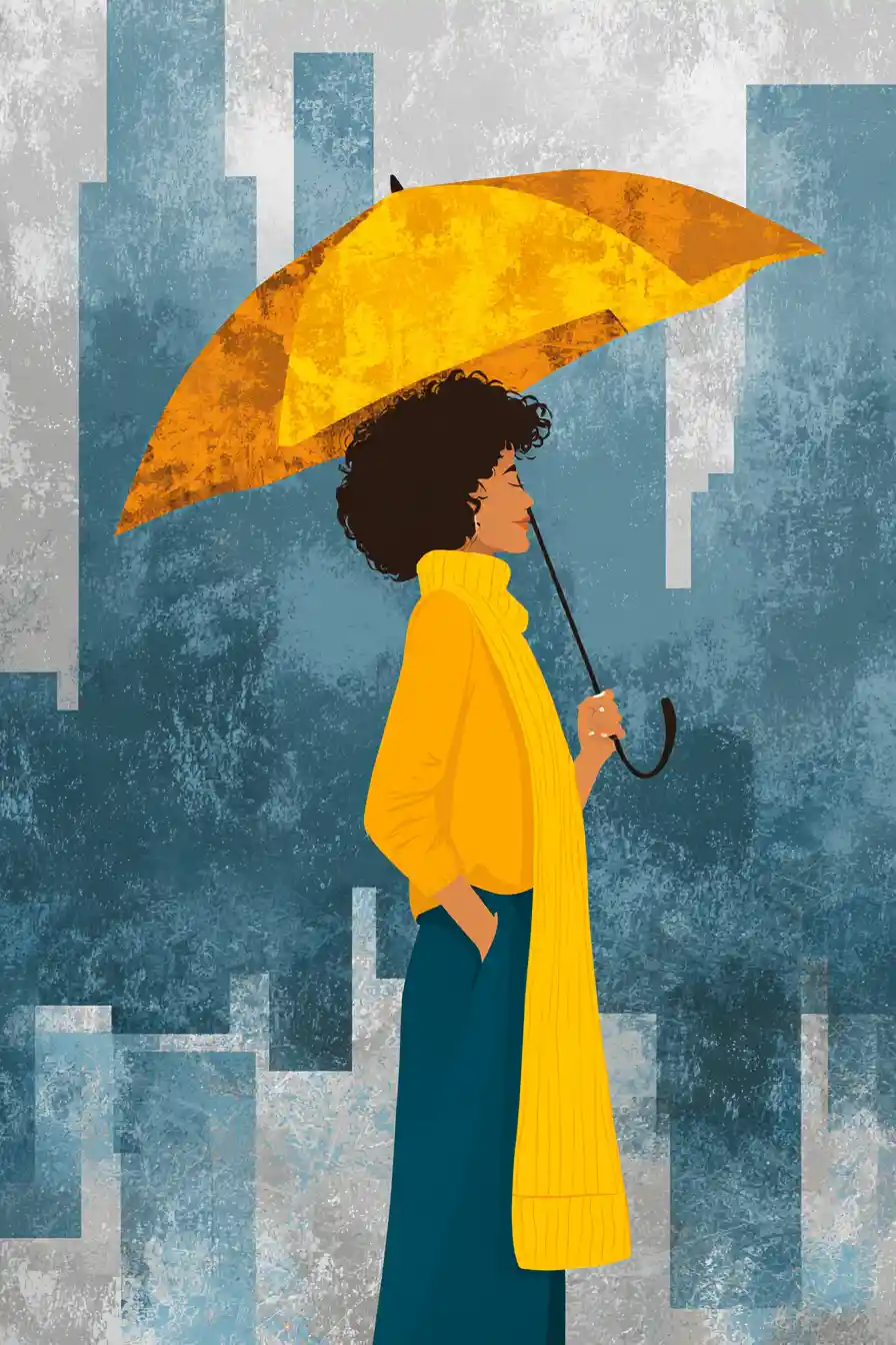Woman under colorful umbrella on a rainy city street