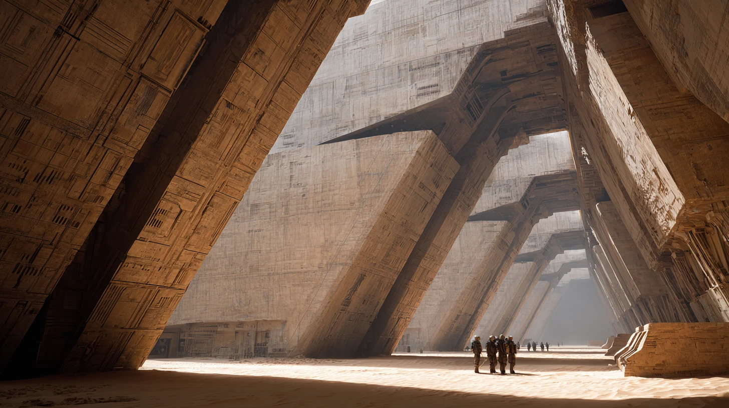 Gigantischer Sci-Fi-Hangar mit riesigen dunklen futuristischen Strukturen