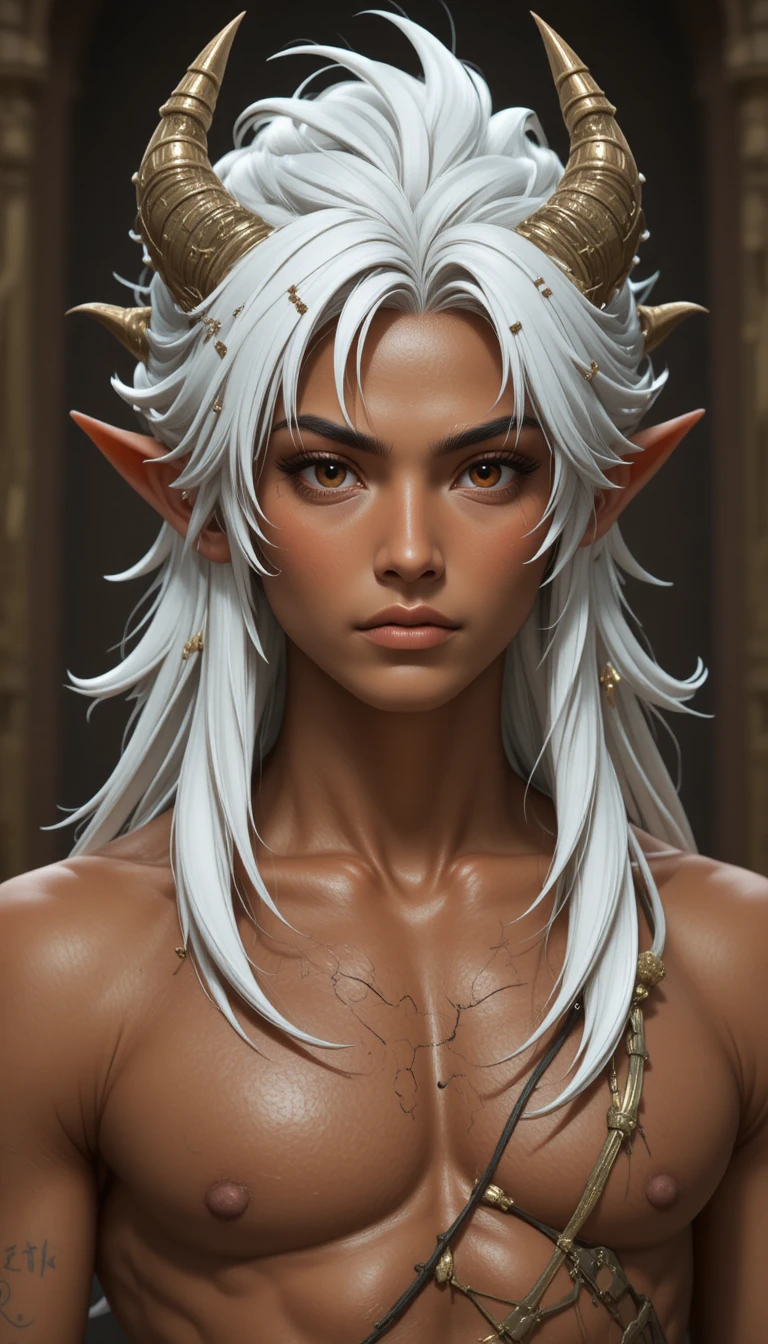 Homem de fantasia com cabelo branco e chifres de cervo no mundo de Wakfu