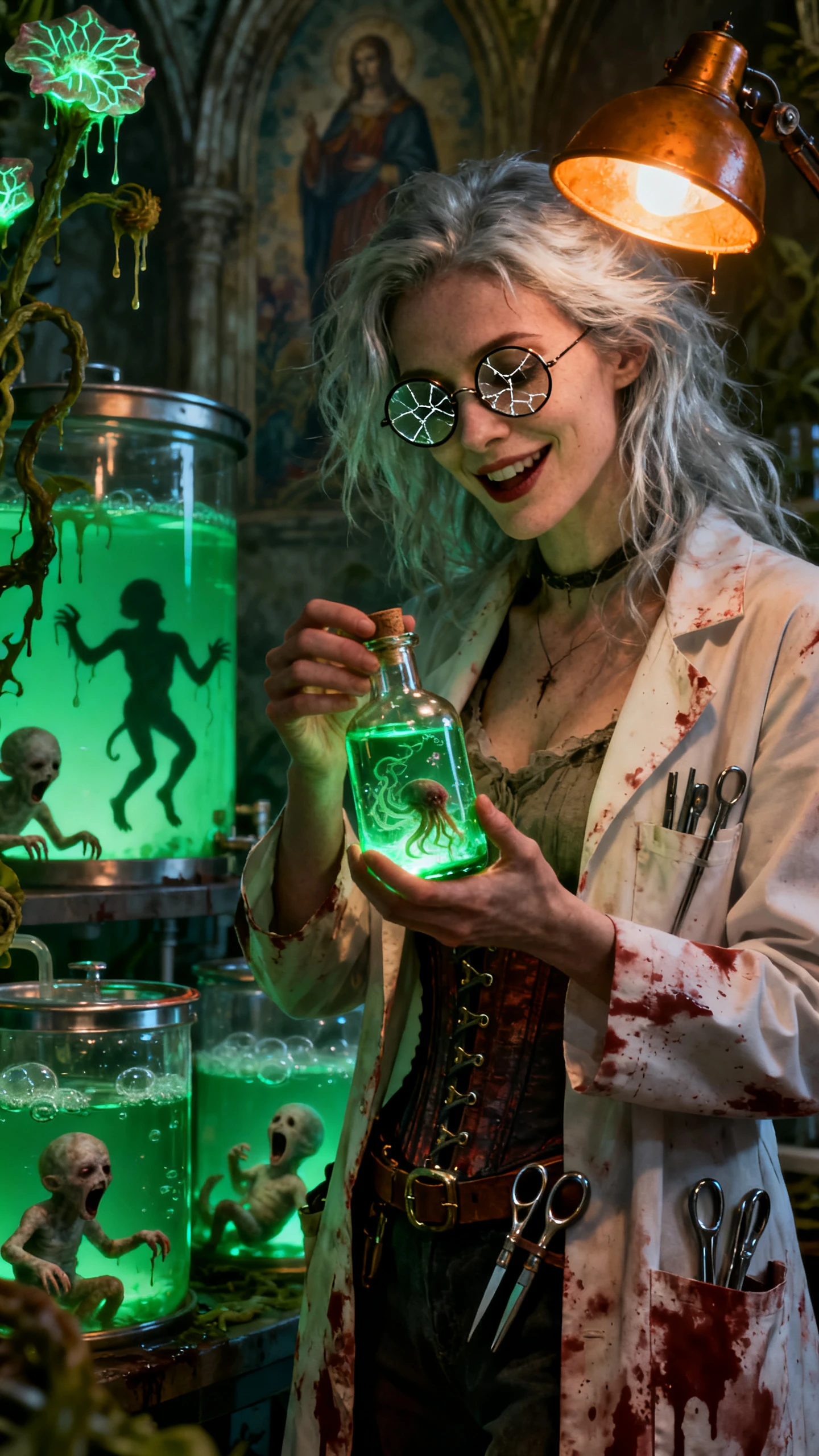 Mad scientist in a glowing monstrous laboratory