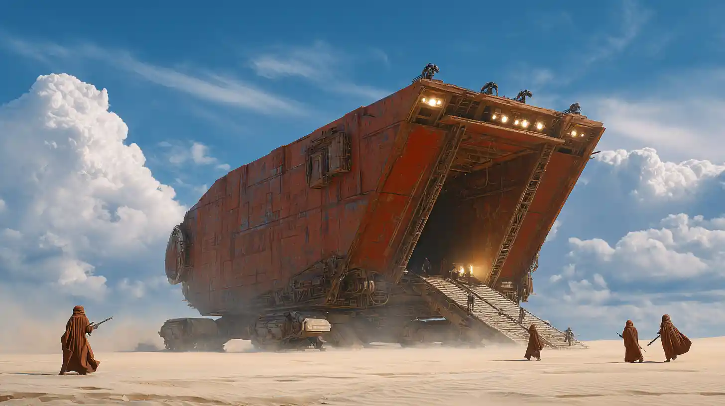 明亮沙漠世界沙丘上的生鏽沙漠履帶車