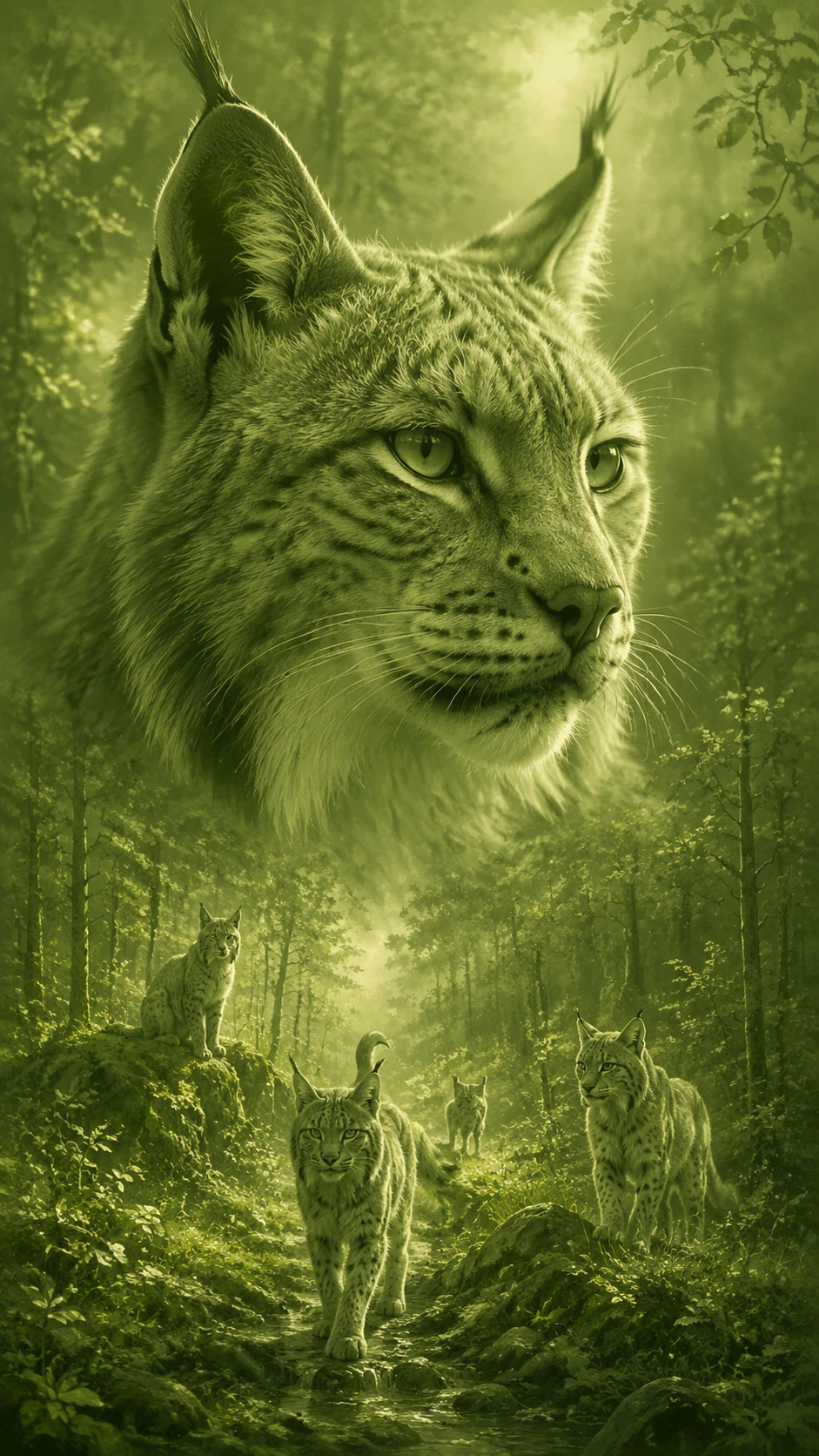 Majestätisches Luchs-Porträt über Luchsen im sonnendurchfluteten Wald