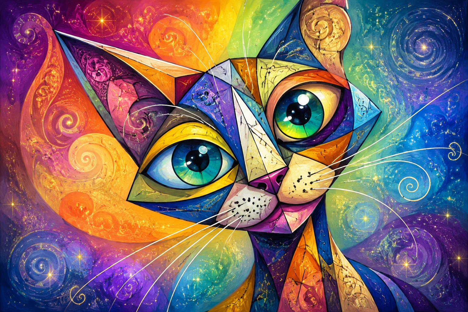 Kubistische Cartoon-Katze aus der Nähe vor einem Regenbogen-Psychedelik-Hintergrund
