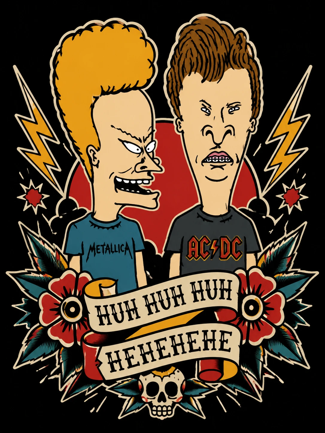 Flash de tatuagem old school com personagens de desenho em fundo preto