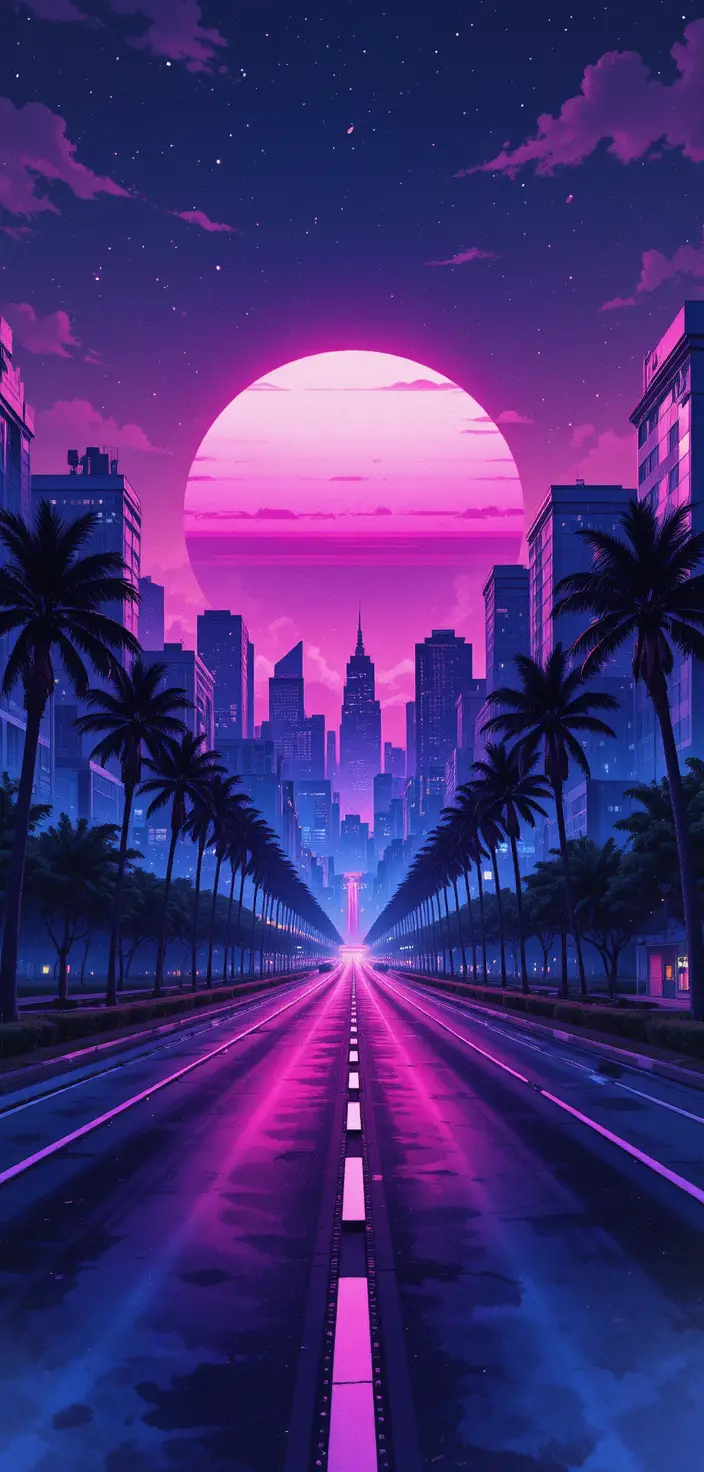 Rue de ville rétro néon sous un soleil synthwave éclatant