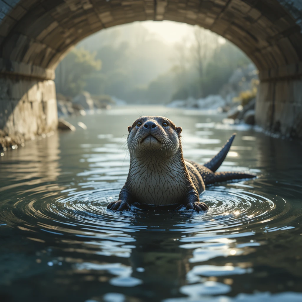 Filzotter schwimmt bei Sonnenlicht unter einer Steinbrücke