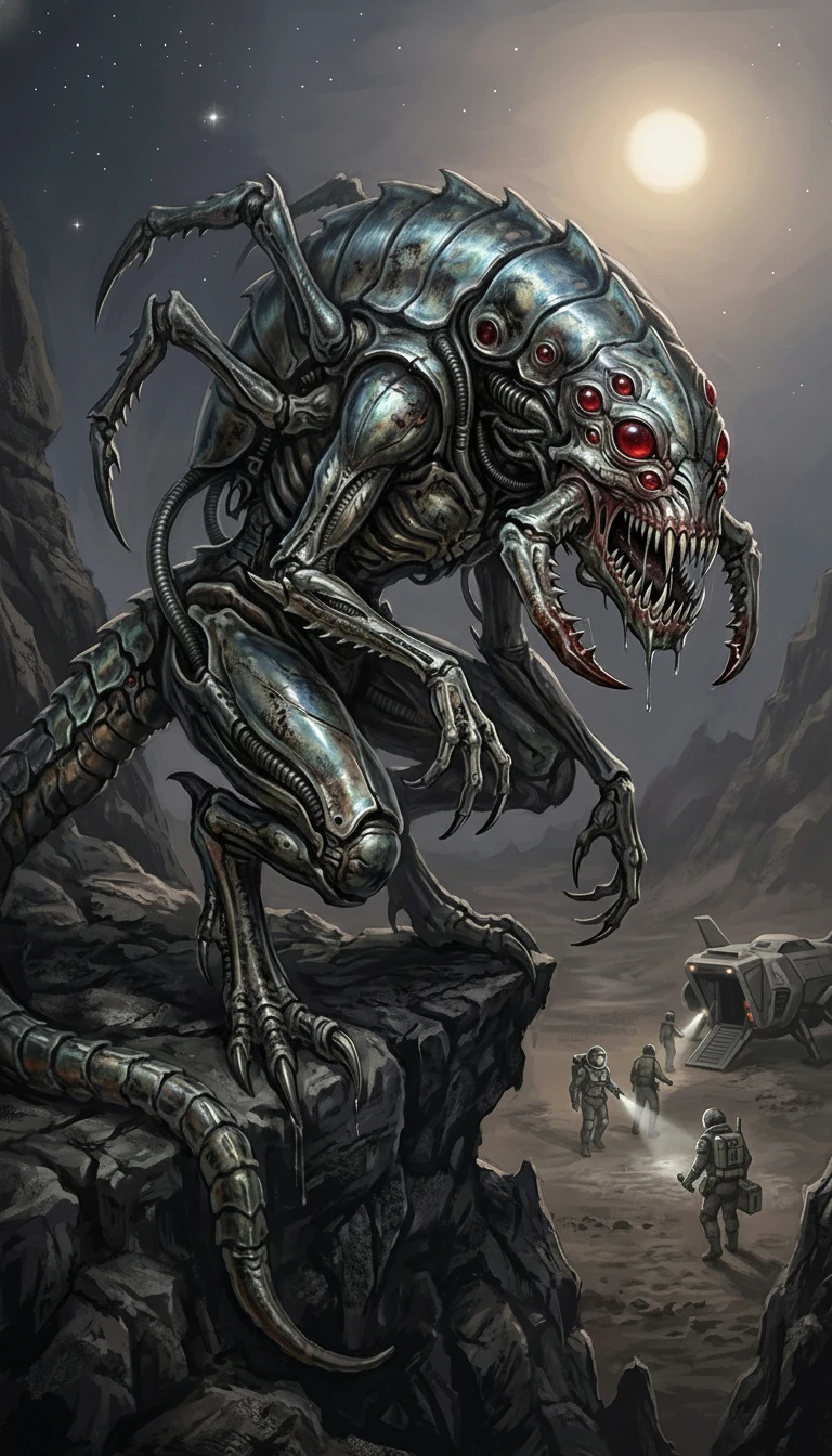 Monstro alienígena grotesco observando um distante grupo de aterrissagem humano