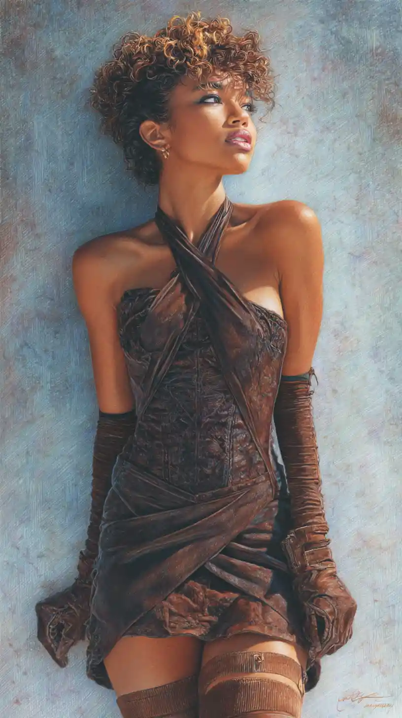 Confident woman in brown leather dress colored pencil art