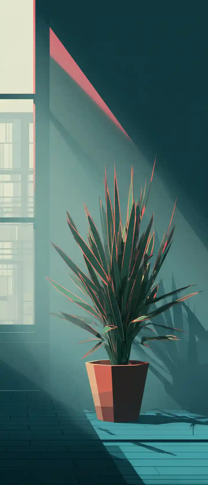 Snake plant in neon lit foggy interior illustration