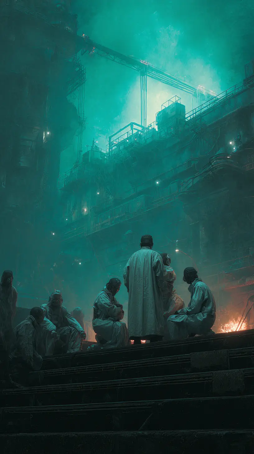 Group of enslaved figures in a dark cyber industrial city
