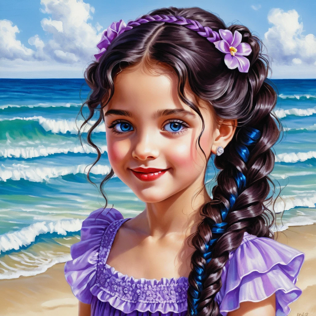 Menina sorridente de cabelo cacheado em um vestido de verão roxo