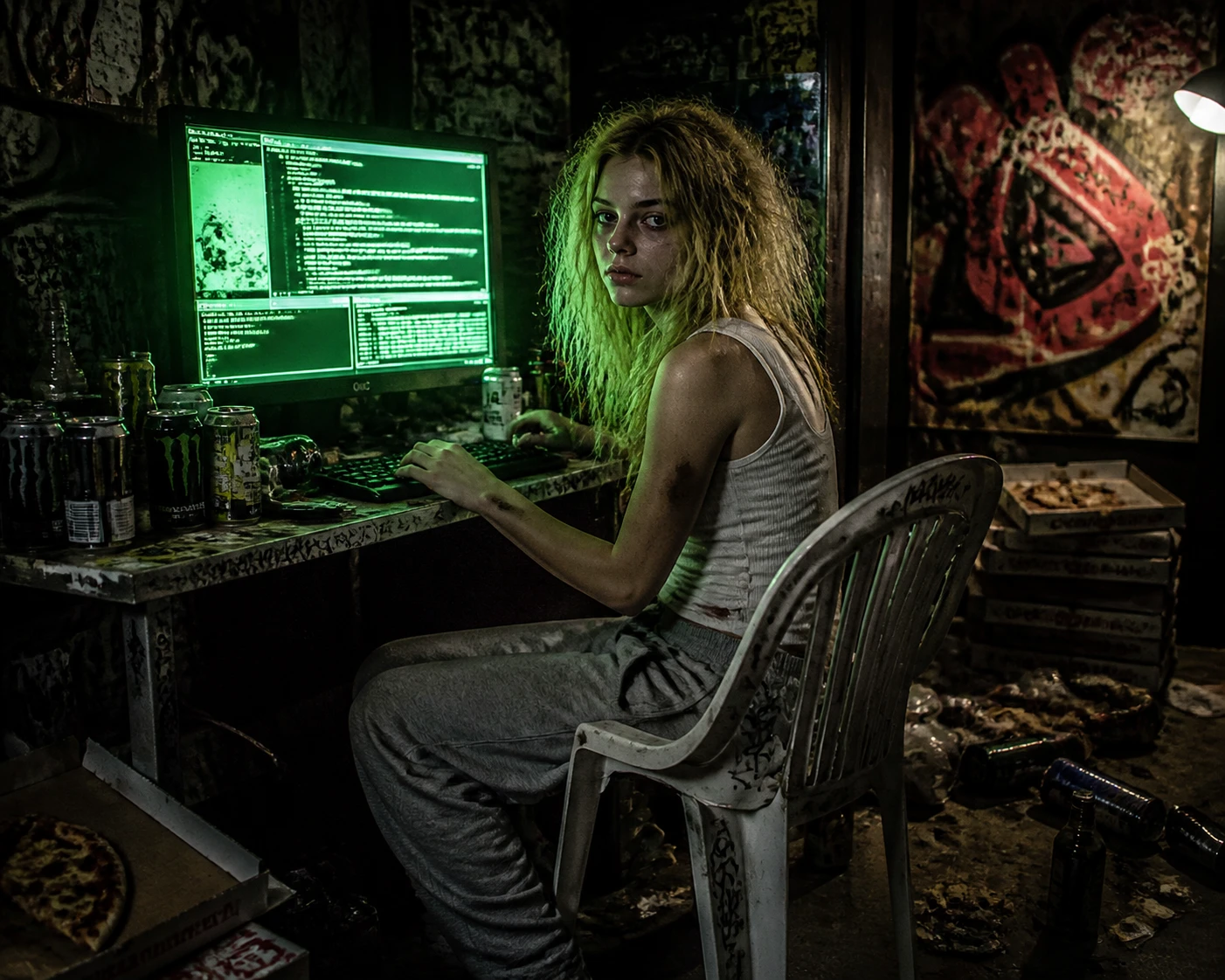 Jeune hackeuse épuisée éclairée par la lueur verte de l’ordinateur