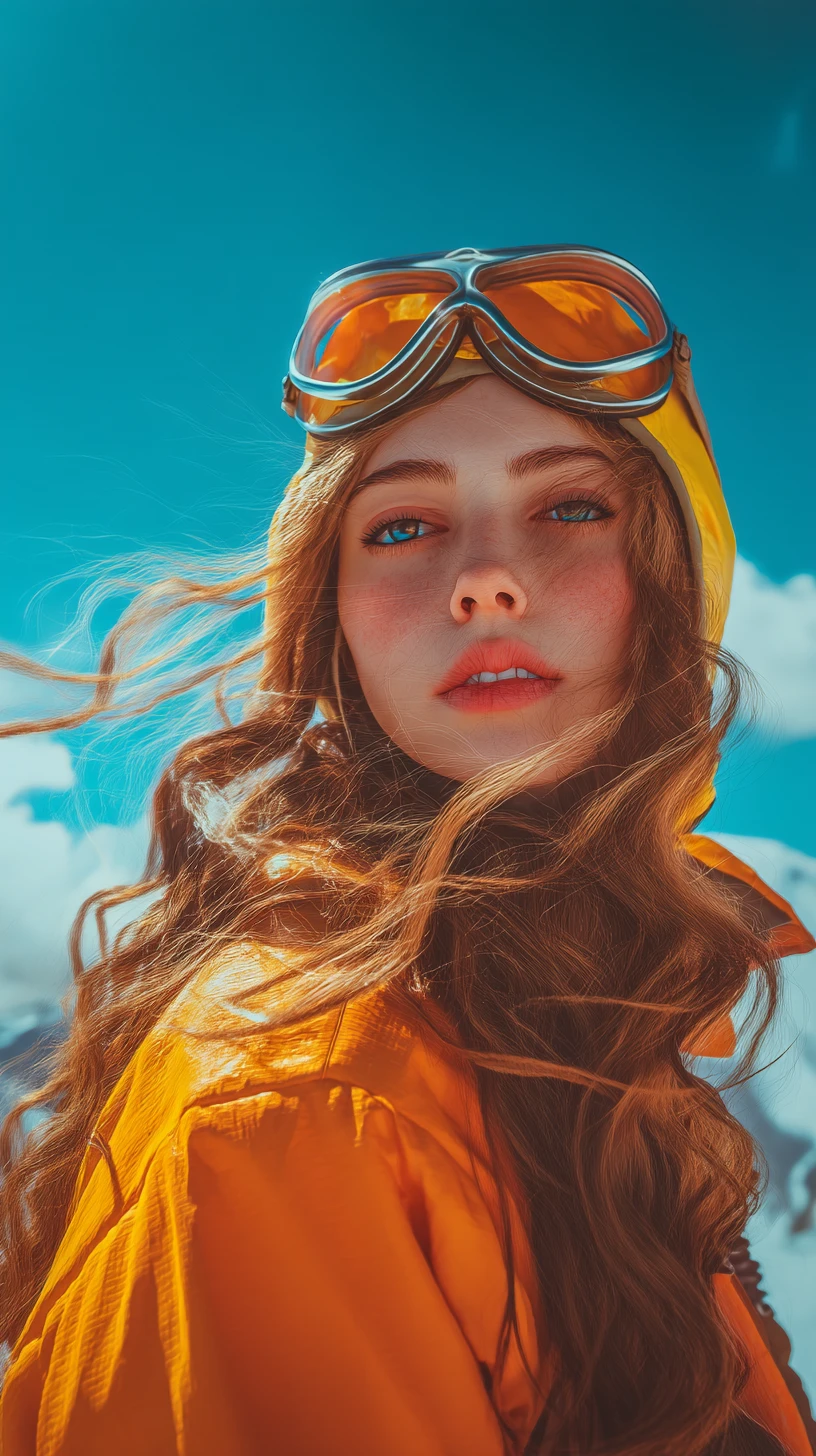 Ragazza adolescente con casco da pilota sotto un cielo blu brillante