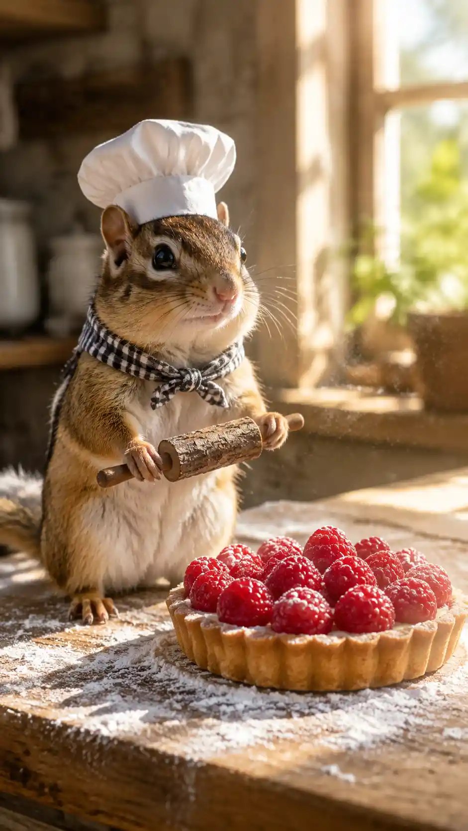 Chipmunk Chef Beside A Raspberry Tart In Morning Light