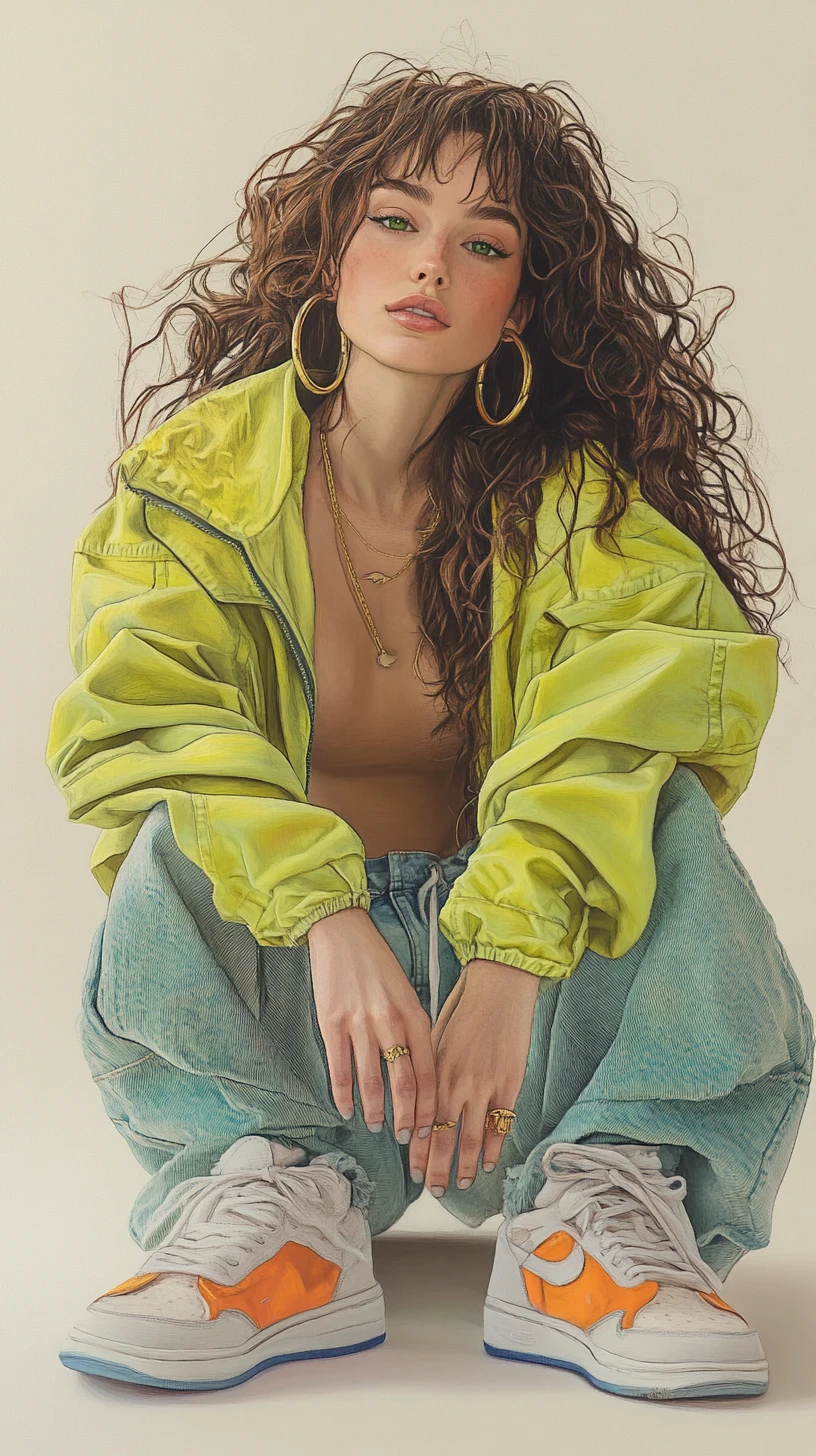 Donna seduta con capelli ricci in streetwear casual