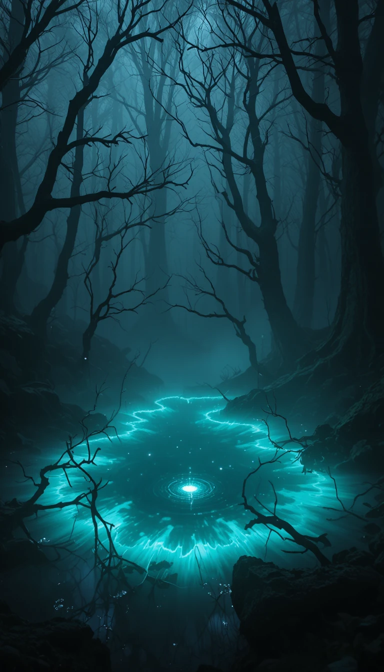 Lagoa luminosa em uma clareira enevoada de floresta ancestral