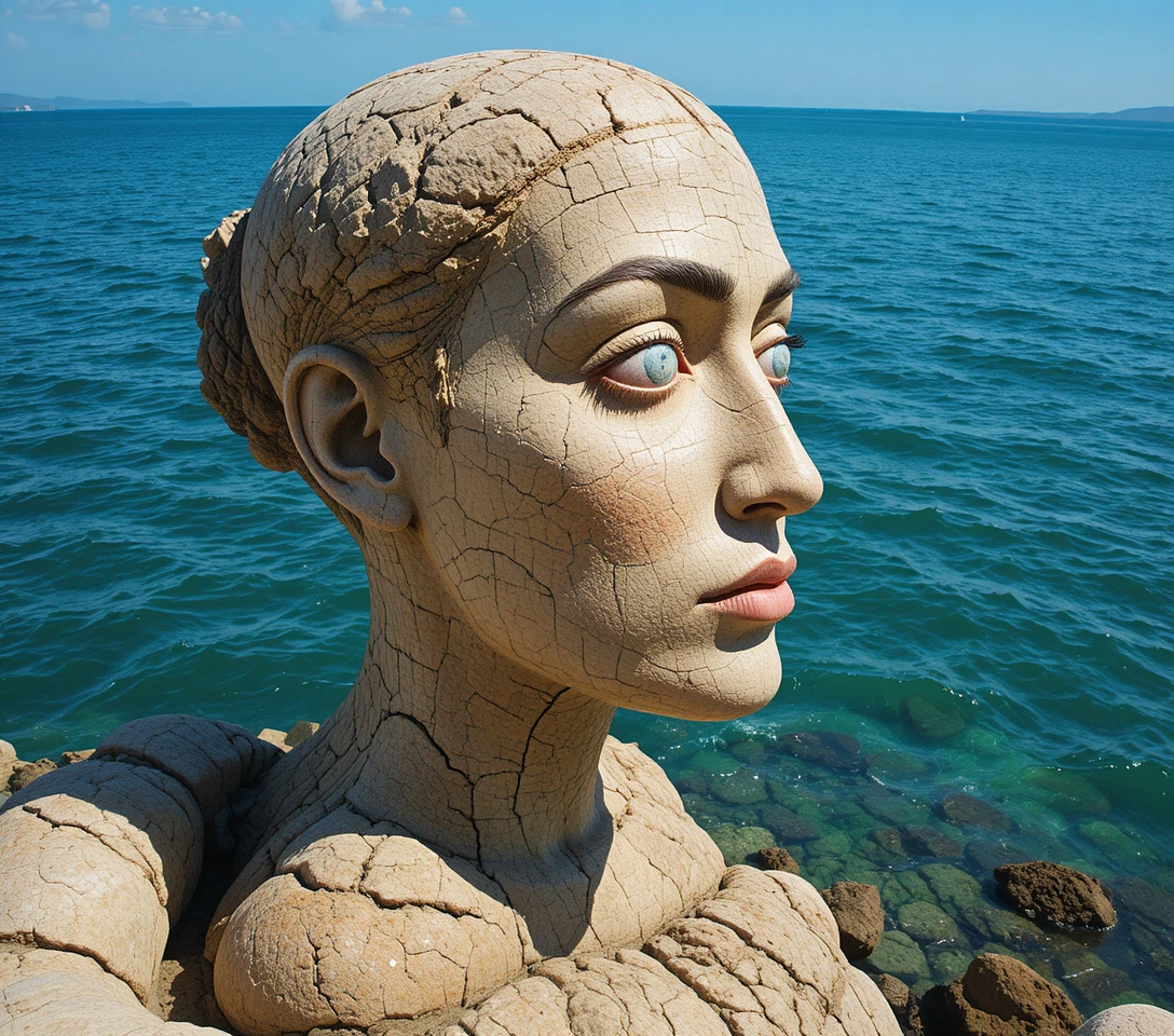 Profil rocheux d’une femme face à la mer turquoise calme