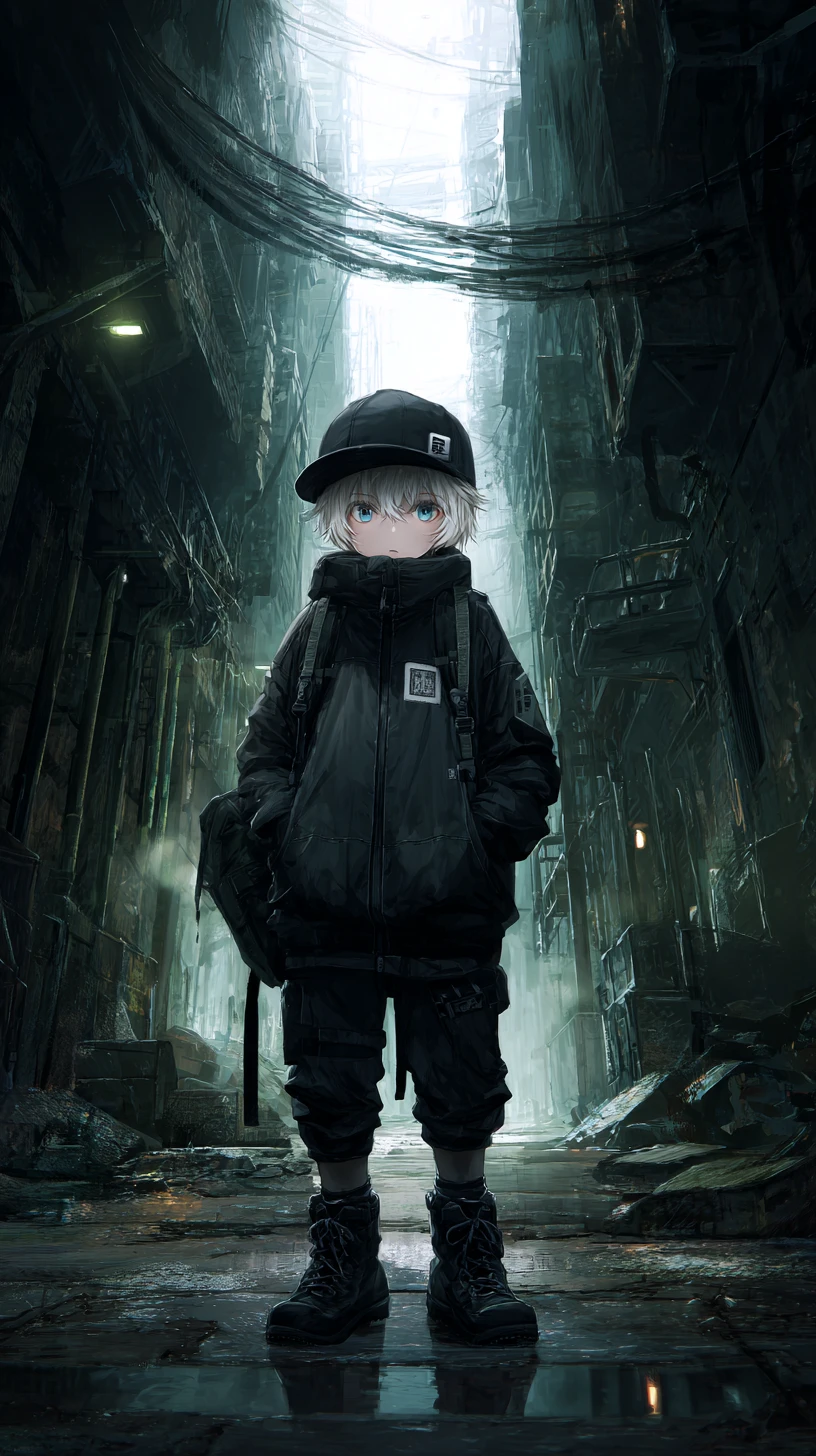 Anime boy in tactical gear standing in dark city alley