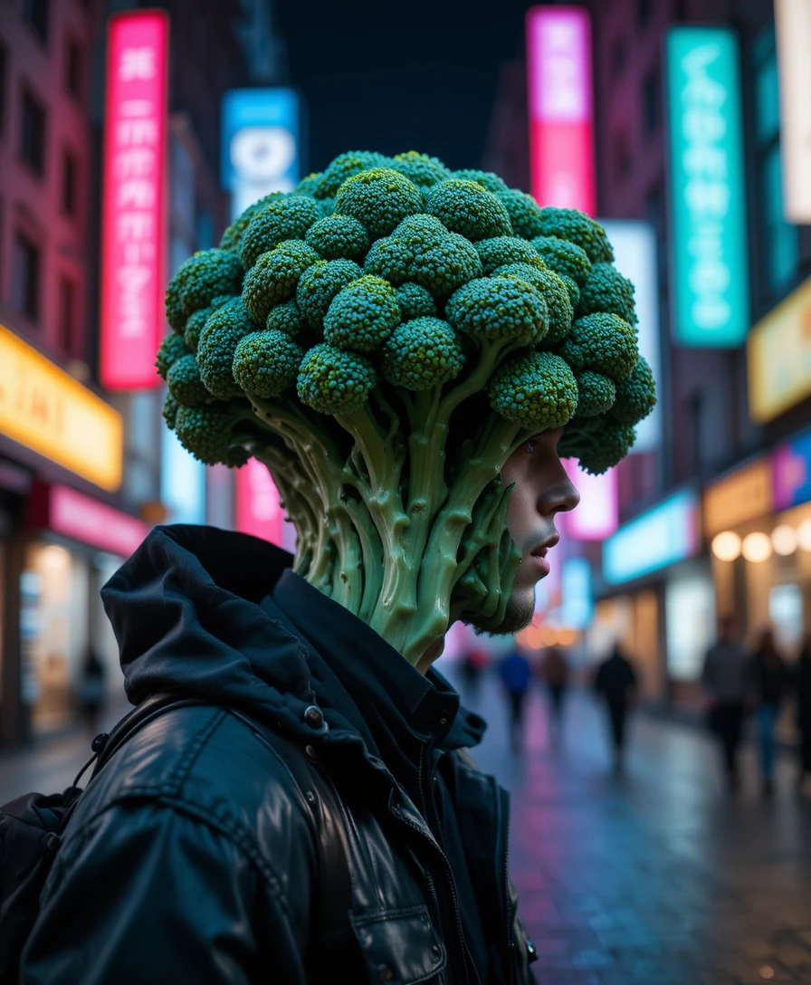 Uomo surreale con testa di broccoli nella notte al neon della città