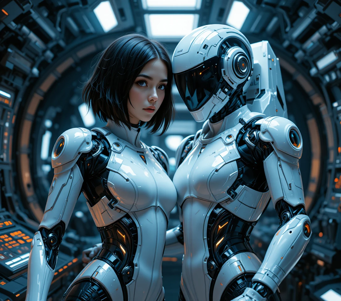 未来的な宇宙船の制御室にいる女性宇宙飛行士とロボット
