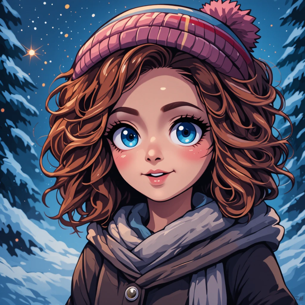Linda chica de anime con gorro de invierno rosa en un bosque nevado
