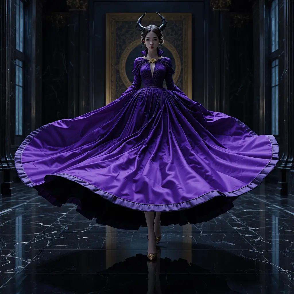 Dark queen in motion within a reflective throne room