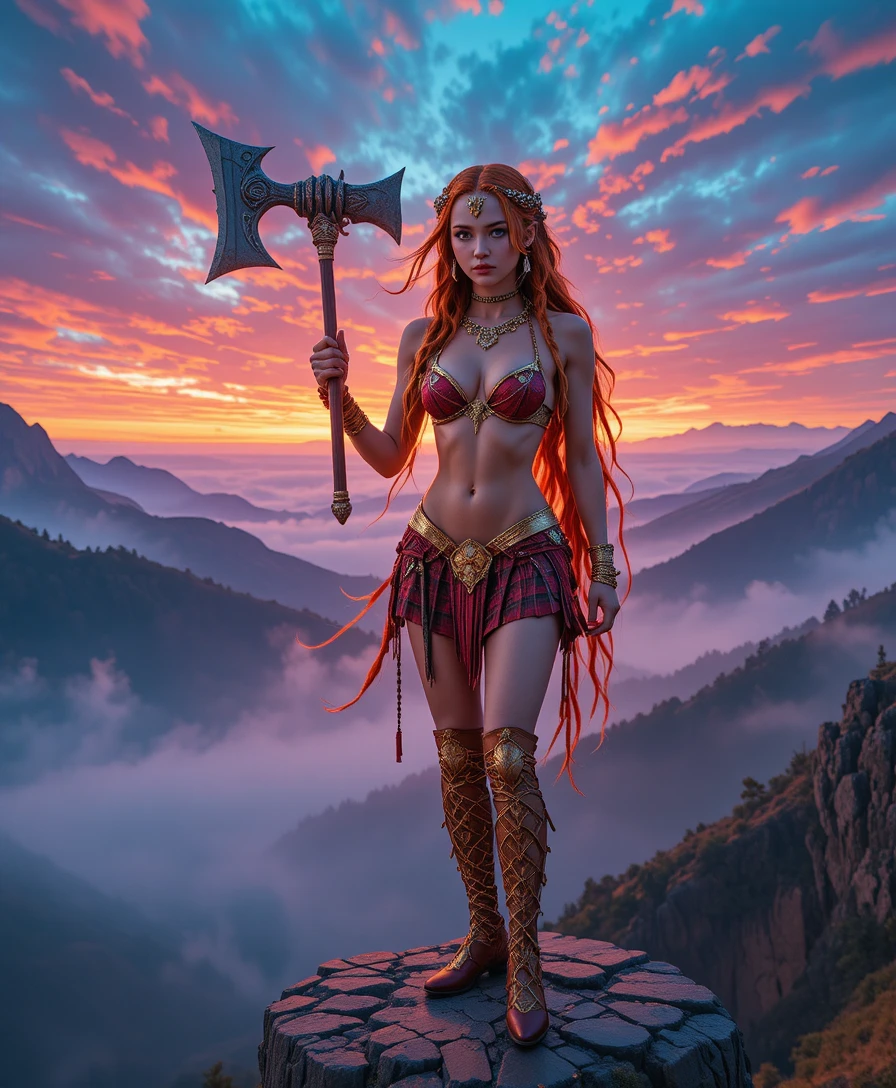 Celtic warrior princess on misty cliff at sunset