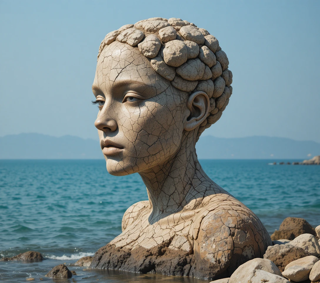Formation rocheuse en profil humain face à la mer turquoise et calme