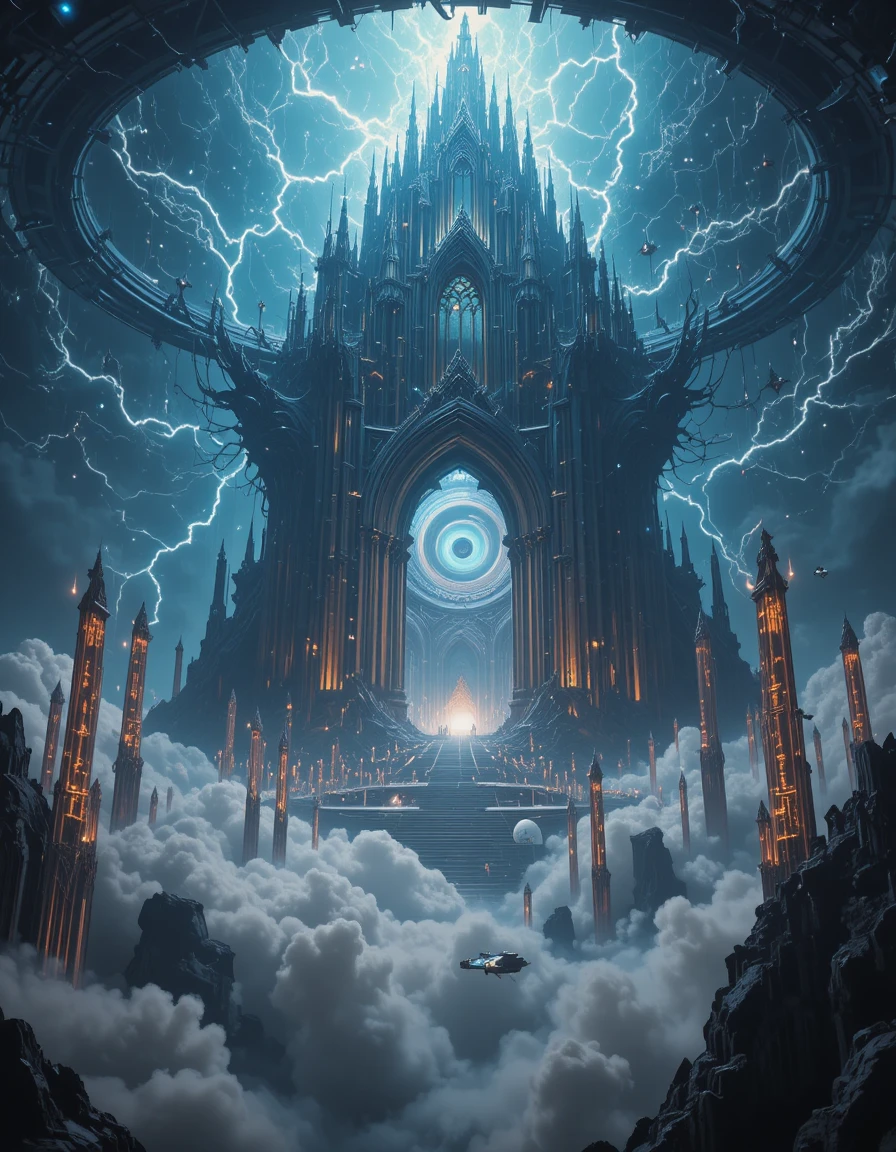 Catedral biomecânica à deriva sobre um gigante gasoso tempestuoso