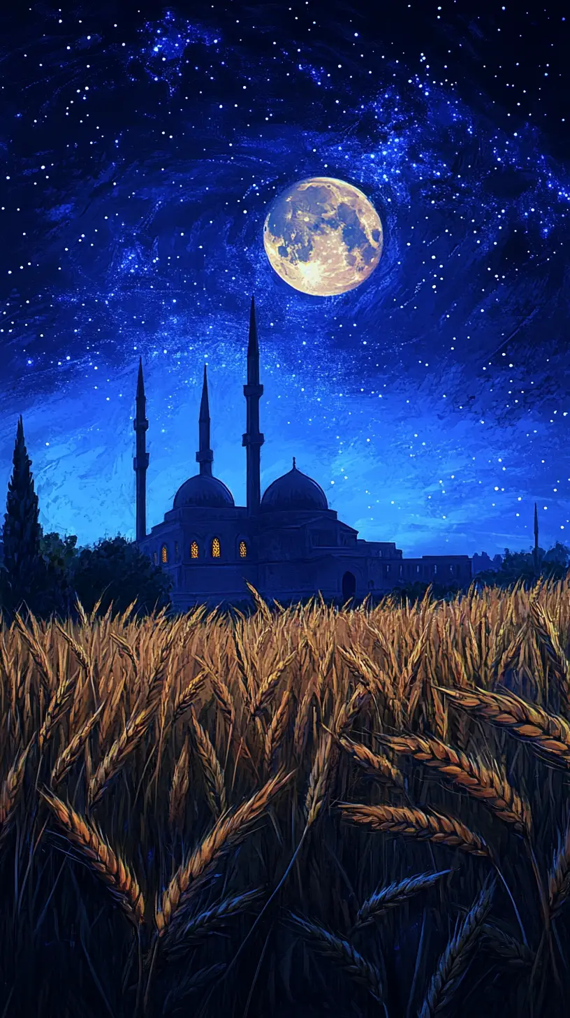 静かな麦畑の向こうに月明かりに照らされたモスクの夜景
